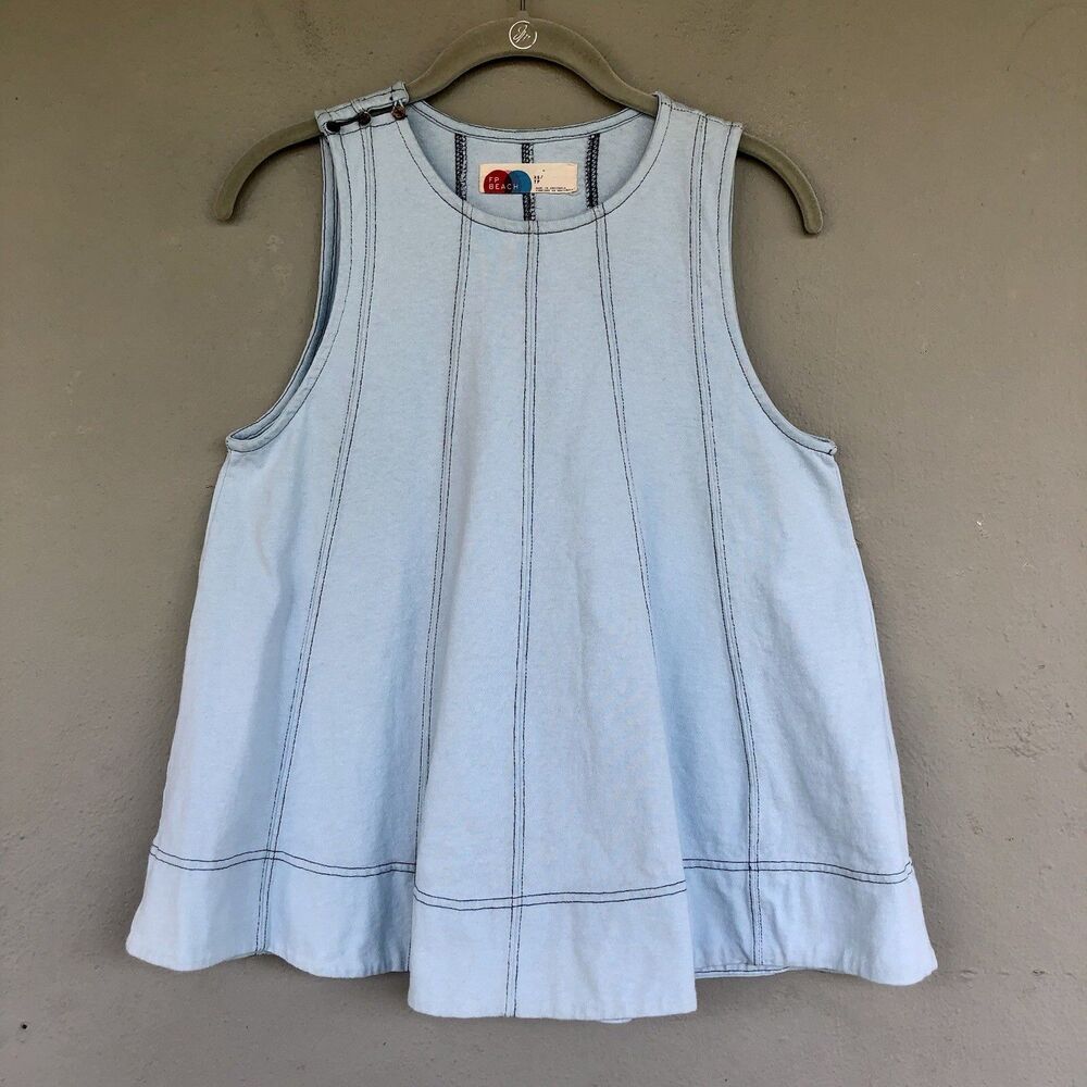 Free People Beach Swing  Tank Top XS Blue Light Wash Button Shoulder Boho Beach